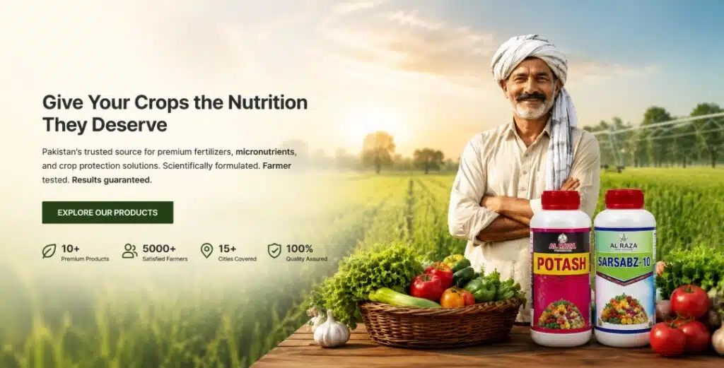 Homepage 1 Al Raza Crop Sciences premium fertilizer and micronutrient products with Pakistani farmer in green agricultural field