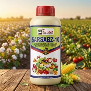 Sarsabz-10 – Chelated Micronutrient Fertilizer Pakistan | 10-in-1 Trace Element Formula for Maximum Crop Yield | Al Raza Crop Sciences 7 Al Raza Crop Sciences Sarsabz-10 product label showing 10 chelated trace elements micronutrient composition