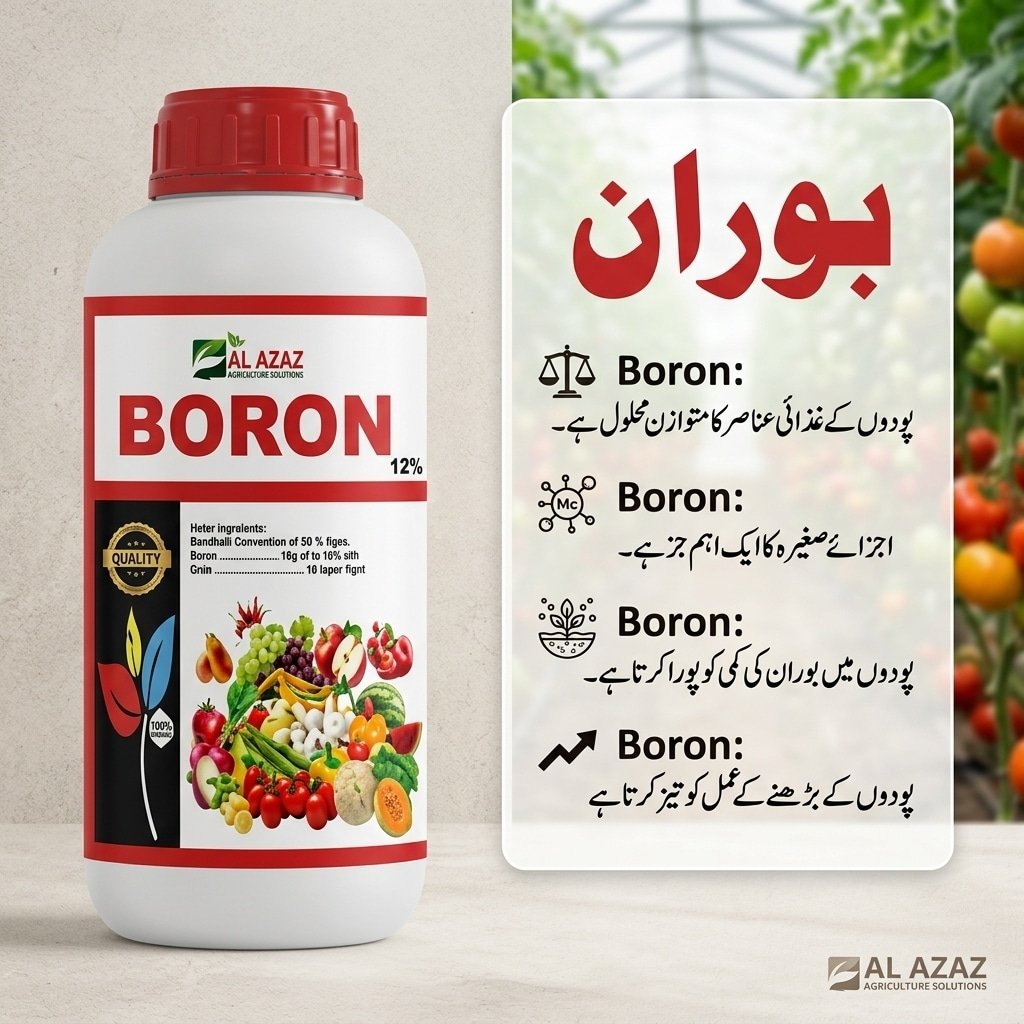 Boron Fertilizer in Pakistan – 12% Liquid Boron Micronutrient for Crops | Al Raza Crop Sciences 2 Boron fertilizer in Pakistan – Al Azaz 12% liquid boron micronutrient by Al Raza Crop Sciences for correcting boron deficiency and boosting crop yield