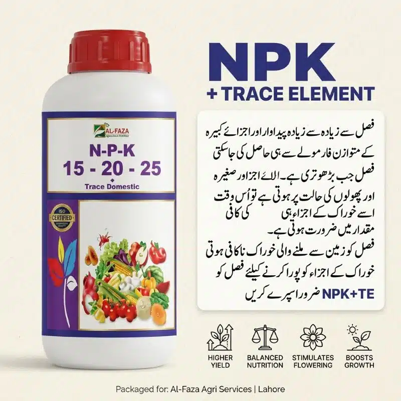 NPK Trace Element Fertilizer in Pakistan – 15-20-25 Liquid Formula for Higher Yield 3 NPK trace element fertilizer in Pakistan – Al-Faza 15-20-25 ISO certified liquid NPK formula by Al Raza Crop Sciences for higher yield and better flowering