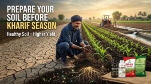 Professional featured image showing Pakistani farmer preparing fertile soil for Kharif season with healthy crop roots, organic soil conditioning, micronutrient fertilizers, and Al Raza Crop Sciences agricultural products for higher crop yield.