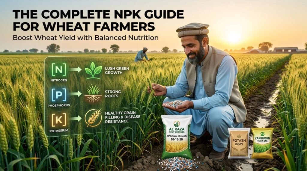 The Complete NPK Fertilizer Guide for Wheat Farmers in Pakistan 5 Professional featured image showing balanced NPK fertilizer application in Pakistani wheat fields with healthy wheat crop, farmer inspection, and Al Raza Crop Sciences fertilizer products for maximum wheat yield and grain quality.