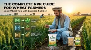 Professional featured image showing balanced NPK fertilizer application in Pakistani wheat fields with healthy wheat crop, farmer inspection, and Al Raza Crop Sciences fertilizer products for maximum wheat yield and grain quality.