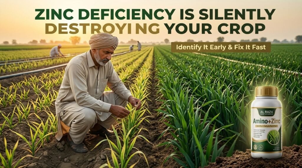 Zinc Deficiency in Crops: How to Identify It and Fix It Fast 6 Professional featured image showing zinc deficiency symptoms in Pakistani crops with yellow leaves, stunted plant growth, healthy green field comparison, and Amino+Zinc micronutrient solution by Al Raza Crop Sciences for fast crop recovery.