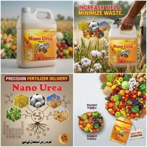 Nano Urea Fertilizer in Pakistan – Nitrogen 24% + 10 Chelated Nutrients | Al Raza Crop Sciences 6 Al Raza Nano Urea fertilizer Pakistan showing enhanced yields for cotton wheat fruits and vegetables with nano chelated nutrient diagram