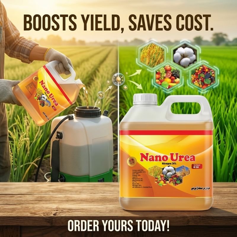 Nano Urea Fertilizer in Pakistan – Nitrogen 24% + 10 Chelated Nutrients | Al Raza Crop Sciences 2 Nano Urea fertilizer in Pakistan – Al Raza Crop Sciences 4 litre liquid nitrogen 24% with 10 chelated nutrients DGAES registered