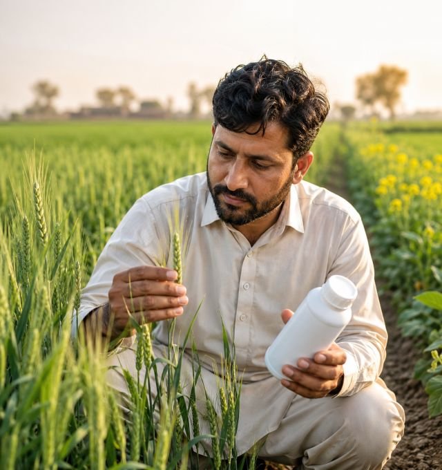 Pakistani Farmer Inspecting Healthy Crops with Fertilizer